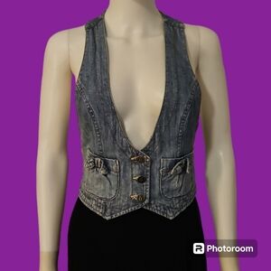 Vintage DECREE 1990s Cropped Denim Bow Racer Back Corset Waistcoat Vest